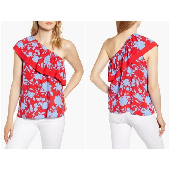 Gibson Womens Blouse Size 1X Red Floral One Shoulder Slim Ruffle Peplum Top NEW! - Picture 2 of 12